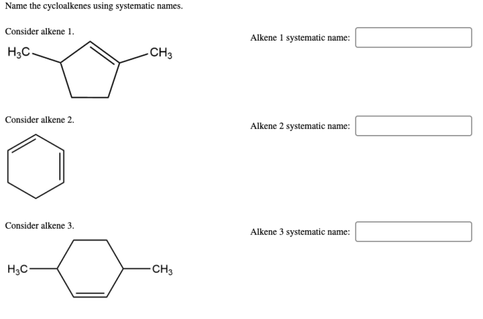 Name the cycloalkenes using systematic names.